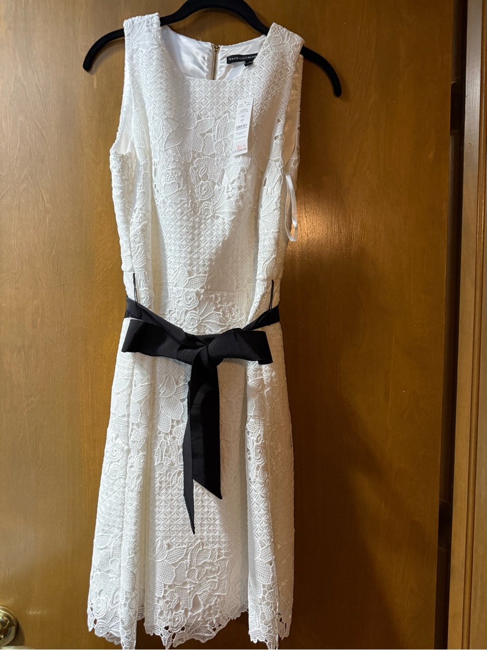White House Black Market White Lace Midi Dress with Black Bow